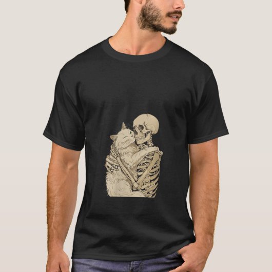 Womens Kitten Pet Skeleton Hugging Cat Graphic Hal T-shirt (Voorkant)
