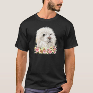 Womens Maltese Dog Floral T-shirt