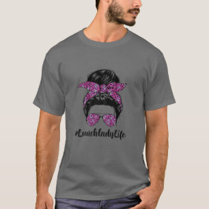 Womens Messy Bun Hair Leopard Headband Lunch Lady T-shirt