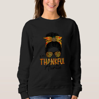 Womens One Thankful Auntie Leopard Messy Bun Thank Trui