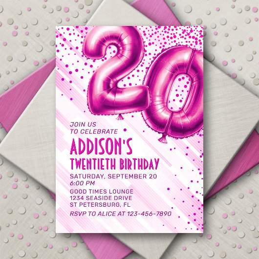 Womens Pink 20th Birthday Invitation
