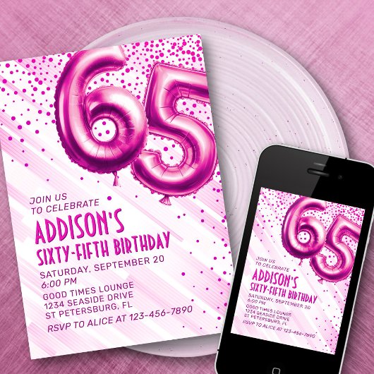 Womens Pink 65e anniversaire Invitation