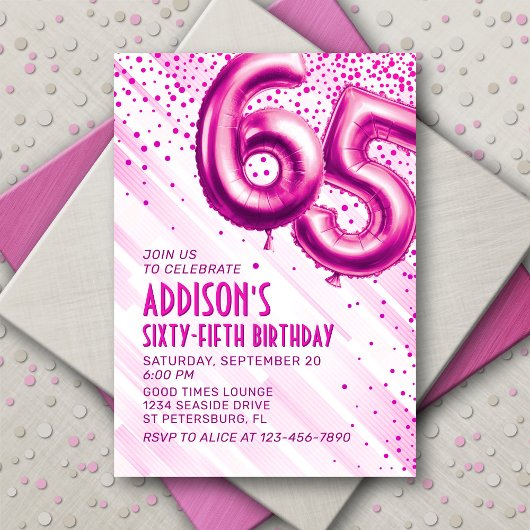 Womens Pink 65e anniversaire Invitation