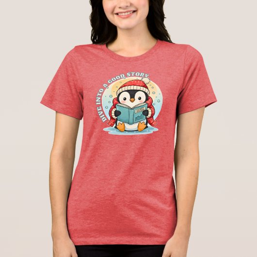 Women's Red Heather Reading Penguin Tri-blend Tee Tri-Blend Shirt (Voorkant)