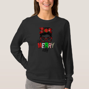 Womens Red Pset One Merry Lolly Messy Bun Christm T-shirt