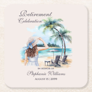 Women's Retirement Beach Thema Waterverf Vierkante Kartonnen Onderzetter