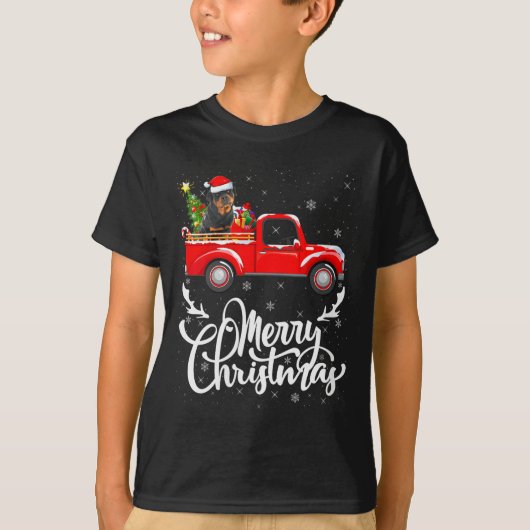 Womens Rottweiler Dog On Christmas Tree Red Truck T-shirt (Voorkant)