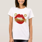 Womens THICKALICIOUS Gold & Red lips Whit Tshirt (Voorkant)