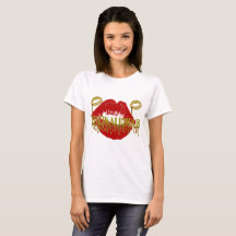 Womens THICKALICIOUS Gold & Red lips Whit Tshirt