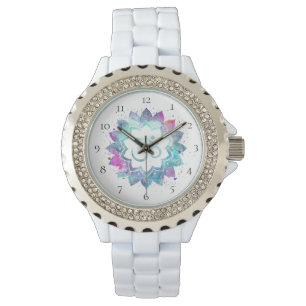 *~* Women's White Om New age Flower Lotus Mandala Horloge