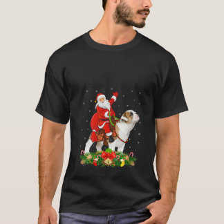 Womens Xmas Decor Funny Santa Riding English Bulld T-shirt