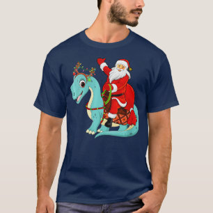 Womens Xmas Holiday Santa Riding Brontosaurus Dino T-shirt