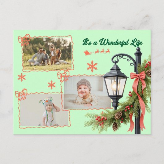 Wonderful life three photo green Christmas Feestdagenkaart (Voorkant)