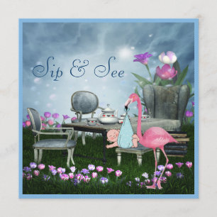 Wonderland Flamingo Sip & See Boy Baby shower Kaart