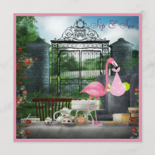Wonderland Flamingo Sip & See Girl Baby shower Kaart