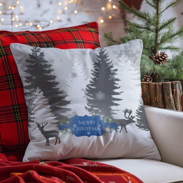 Wonderland hiver Oreiller de Noël - Bleu (Blue Winter Wonderland Christmas Throw Pillow)