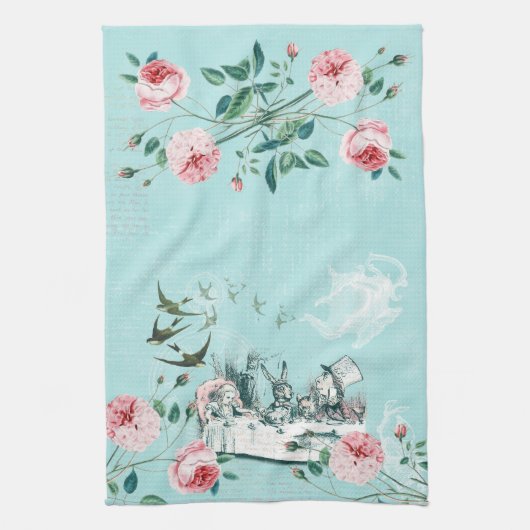 Wonderland Mad Tea Party Aqua Pink Tea Serviette (Vertical)