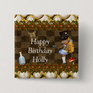 Wonderland Steampunk Birthday Party Vierkante Button 5,1 Cm