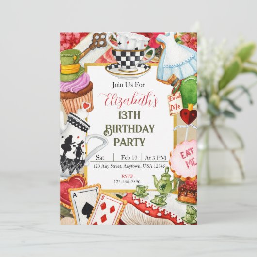 Wonderland Verjaardag Uitnodigen Kaart (Staand voorkant)