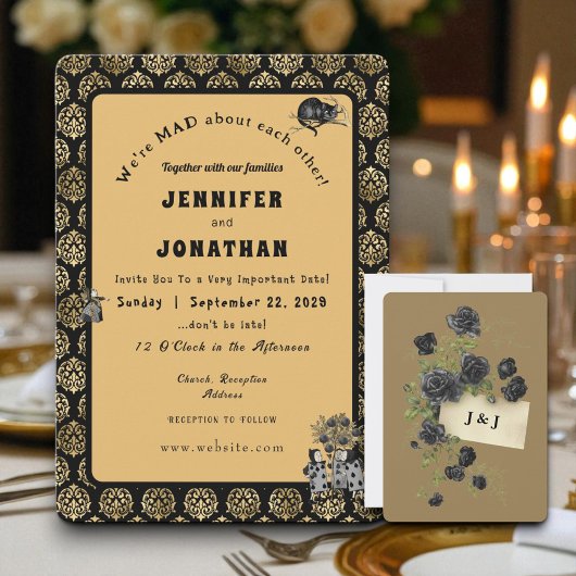 Wonderland Whimsy Gold, Faire-part de mariage noir