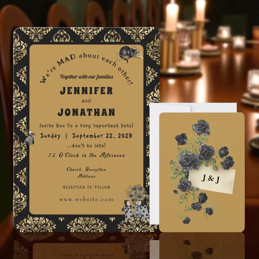 Wonderland Whimsy Gold, Faire-part de mariage noir