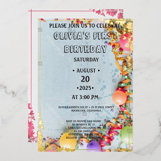 WONEderful rose Floral 1er anniversaire Invitation (Recto/Verso)