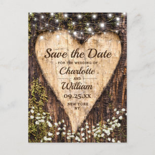 Wood Bark Heart Baby Breath Wedding Save the Date Briefkaart