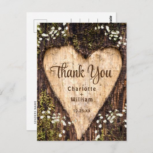 Wood Bark Heart Rustic Wedding Bedankt Briefkaart (Voorkant / Achterkant)