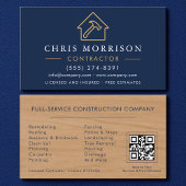 Wood Building Construction Navy Blue Gold QR Code Visitekaartje