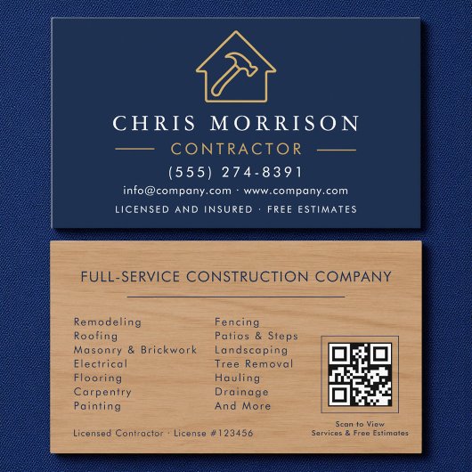 Wood Building Construction Navy Blue Gold QR Code Visitekaartje