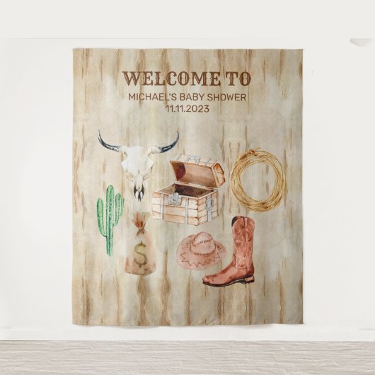 Wood Cowboy Baby Shower welcome backdrop Wandkleed (Voorkant)