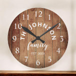 Wood Custom Family<br><div class="desc">The brown wooden farm house wall clock is perfect pour your country farmhouse kitchen. Customize with your family name and established year for a unique and personalized birthday ou Christmas vend.</div>