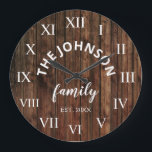 Wood Custom Family<br><div class="desc">The brown wooden farm house wall clock is perfect pour your country farmhouse kitchen. Customize with your family name and established year for a unique and personalized birthday ou Christmas vend.</div>