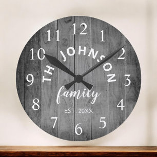 Wood Custom Family Name Rustic Farmhouse Ronde Klok
