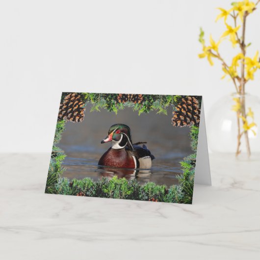 Wood Duck Drake op een kerst Kaart (Gele Bloem)