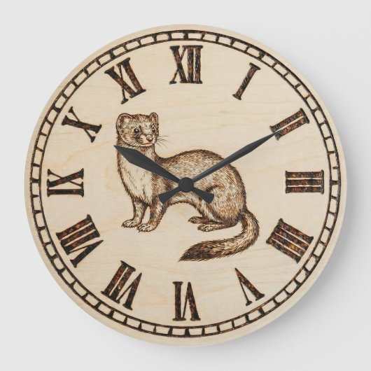 Wood Engraved Ferret Wall Clock Grote Klok (Voorkant)