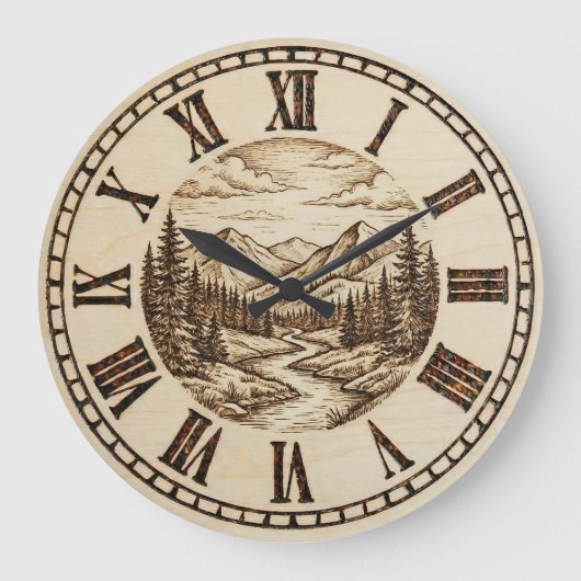 Wood Engraved Mountain River Wall Clock Grote Klok (Voorkant)