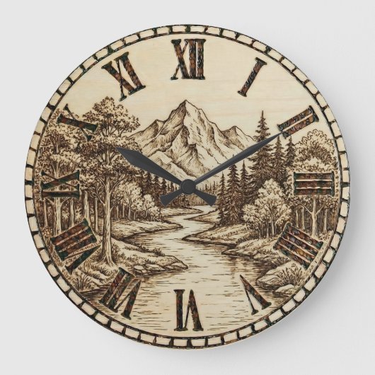 Wood Engraved Mountain River Wall Clock Grote Klok (Voorkant)