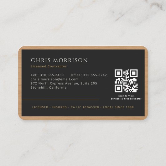 Wood Grain Black Gold Builder Contractor QR Code Visitekaartje (Achterkant)