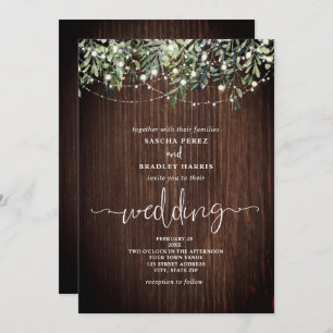 Wood Greenery String Lights Wedding Invitation Kaart