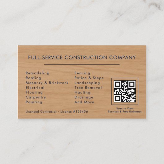 Wood Handyman Construction Navy Blue Gold QR Code Visitekaartje (Achterkant)
