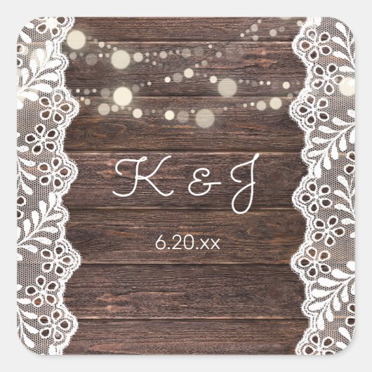 Wood Jean Lace & String Lights Monogram Vierkante Sticker (Voorkant)