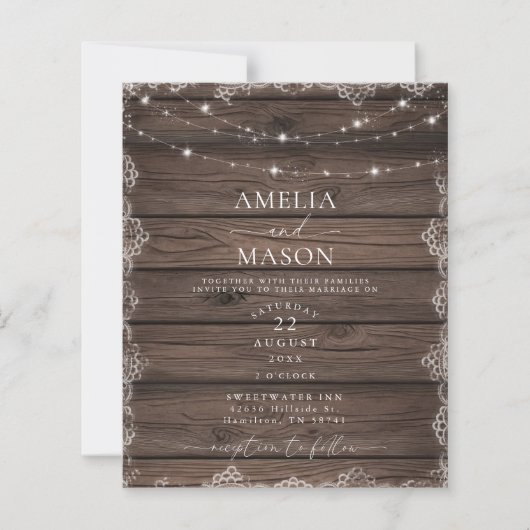 Wood & Lace String Light Rustic Wedding Invitation (Voorkant)