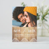 Wood Photo Lace Effect Whimsical Typography Save The Date (Staand voorkant)