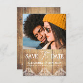 Wood Photo Lace Effect Whimsical Typography Save The Date (Voorkant / Achterkant)