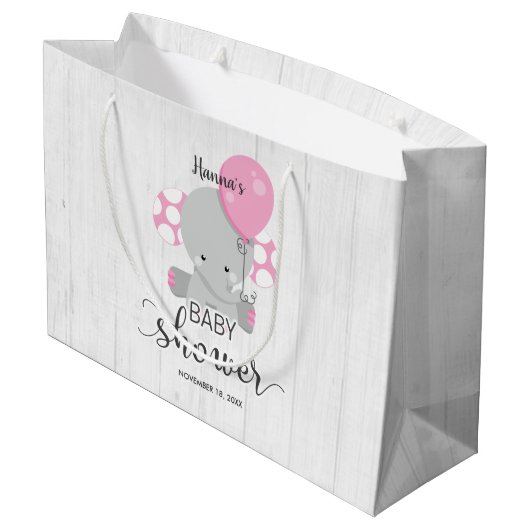 Wood & Pink Elephant Girl Baby shower Groot Cadeauzakje (Achterkant Gekanteld)
