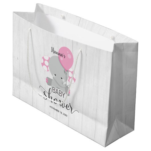 Wood & Pink Elephant Girl Baby shower Groot Cadeauzakje (Voorkant Gekanteld)
