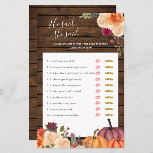 Wood Pumpkin Burnt Sinaasappel Hij zei dat ze game (Voorkant / Achterkant)