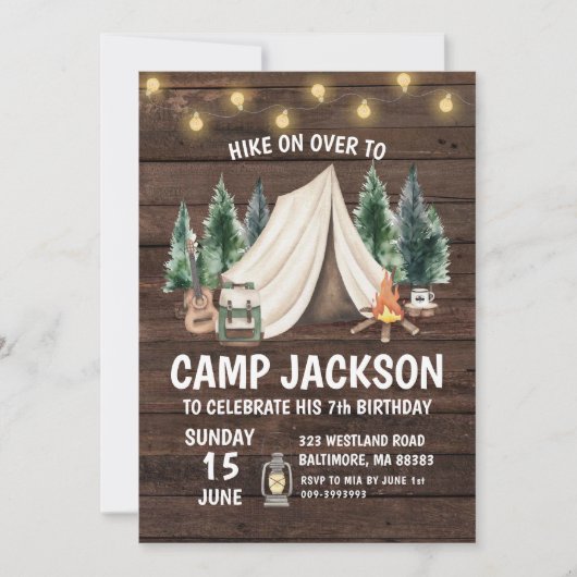 Wood Rustic Camping Kind's Verjaardagsuitnodiging Kaart (Voorkant)