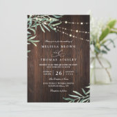 Wood Rustic String Light Country QR Code Wedding Kaart (Staand voorkant)